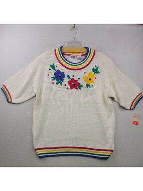 Vintage Lucia Handcrafted Floral Sweater XL White Granny Romantic Cottagecore